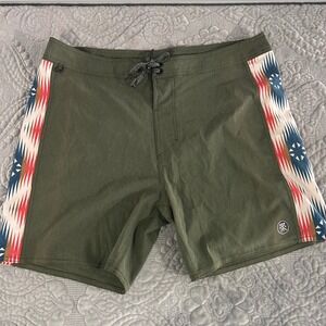 Roark Revival Men Green Southwestern Print Hemp Blend Board Shorts Size 36